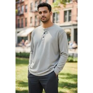 Croft & Barrow Mens Large Gray Long Sleeve Henley Shirt 100% Cotton‎